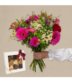 Farverig blomsterhilsen med chokoladehjerter
