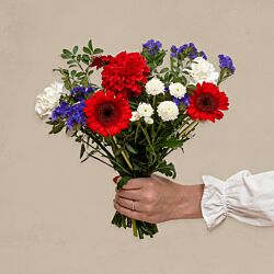 Buket med røde, hvide og lilla blomster holdt i hånden foran en lys baggrund.