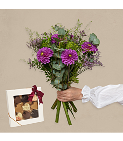 Dahlia buketten med chokoladehjerter